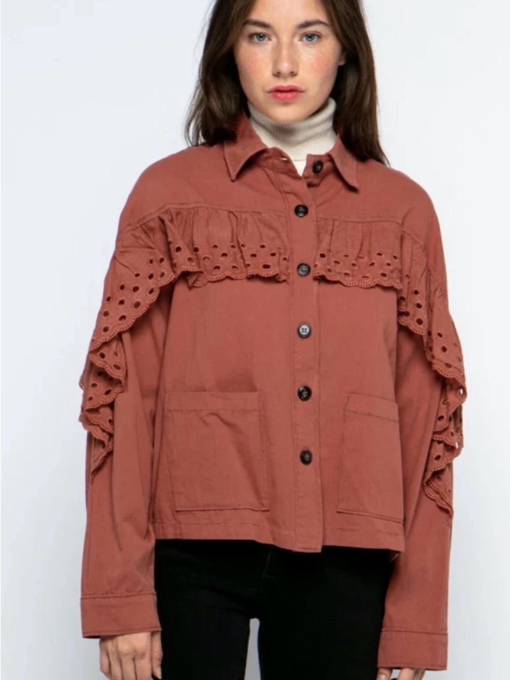 NWT Rust Eyelet Ruffle Button-Up Jacket ☀️ 🌼 - Picture 3 of 4